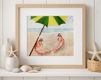 Fried Shrimp Watercolor Painting – Humorous Coastal Art, Matted 11x14