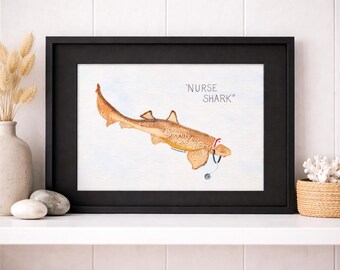NURSE SHARK Original Watercolor Painting – Whimsical Coastal Art, Signed Florida Artist, 9x12, Matted 11x14