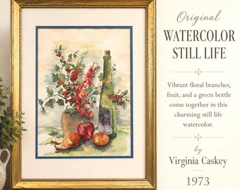 Vintage Original Watercolor Still Life by Virginia Caskey, Signed & Dated 1973 – Framed Floral Fruit Composition