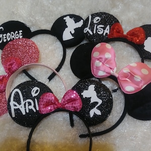 Personalized Minnie or Mickey Mouse Ears With Character, Summit Bow, Cheer Bow, All Stars Bow, D2 Summit Bow, Cheerleader Bow, Summit Cheer