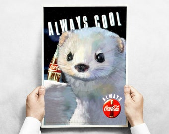 FERRET ART - "Dew Coca" vintage commercial poster, ferret edition! Ferret & stoat lover edition