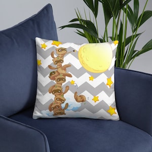 Ferret pillow &quot;Ferrets paint the moon&quot;. Nursery decor, children and baby&#39;s room. Grey and white chevron.