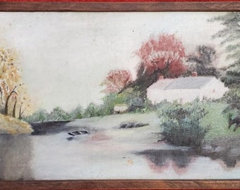 Antique Oil On Canvas Landscape, House Beside a River, 24 x 12, PA4080