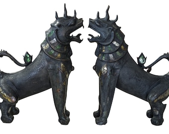 Spectacular Pair of Bronze Foo Dog Statues, 33.5″H, Read entire ad!!! Shipping not included in cost!!! PA6485MS