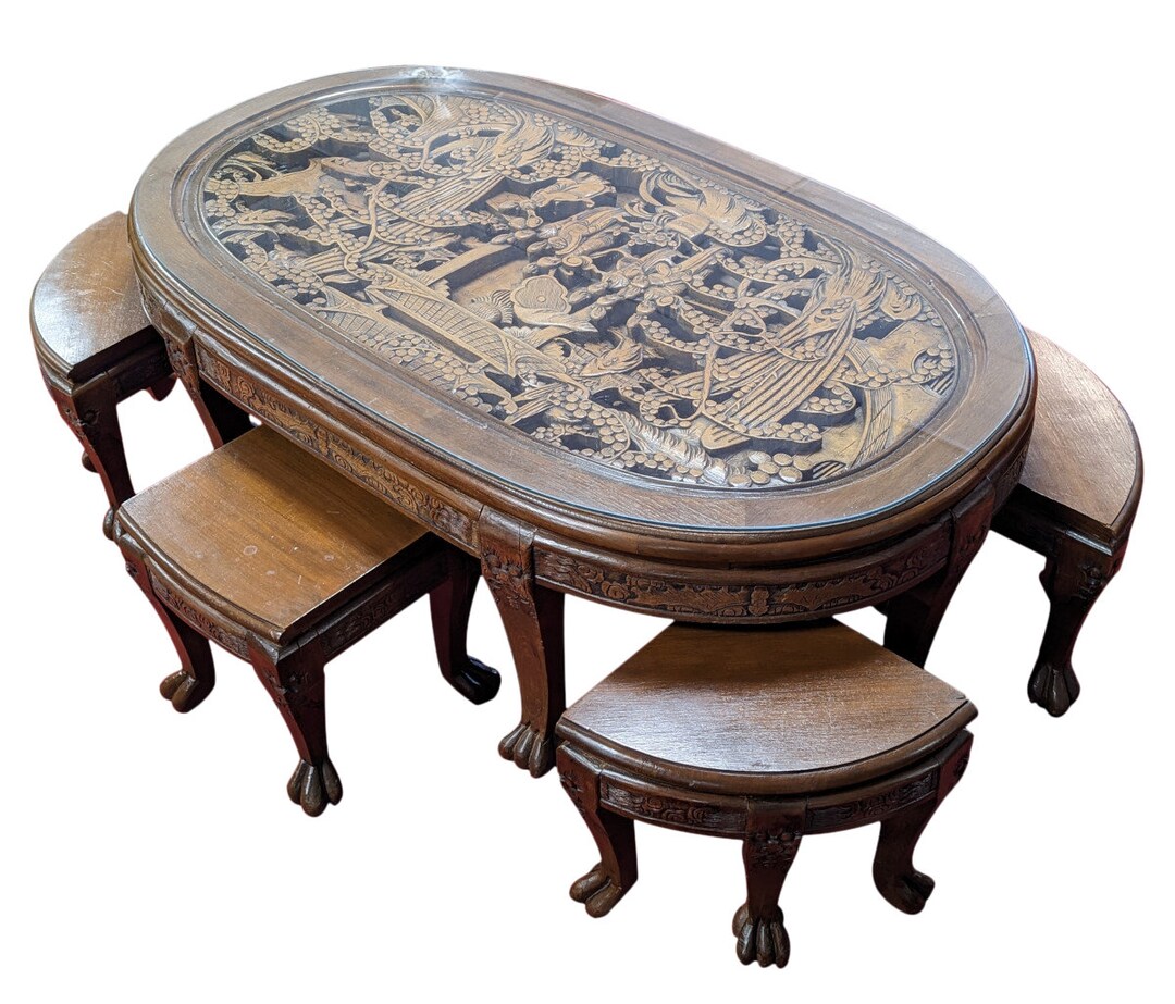 Vintage Carved Teak Asian Tea Table With 6 Stools Read Entire Etsy