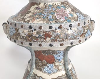 Japanese Meiji Era Awaji Ware Vase: Periwinkle Blue Ceramic With Silver ...