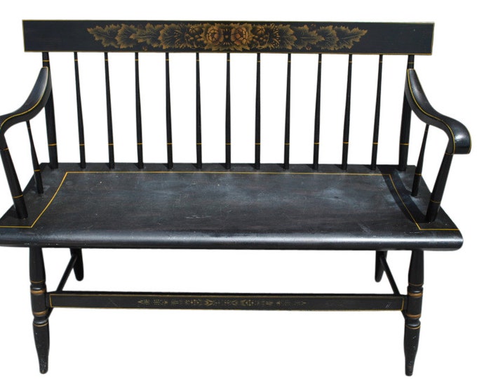 Vintage Hitchcock Furniture Black Spindle Back Deacon's Bench 20d X 45w