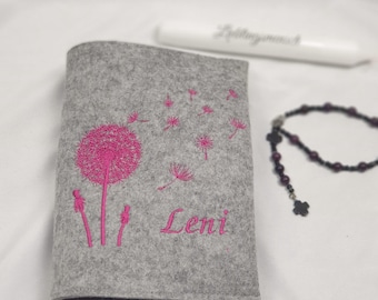 Personalized Prayer Book Cover – Wool Felt, Embroidered Dandelion & Name – Communion, Confirmation Gift