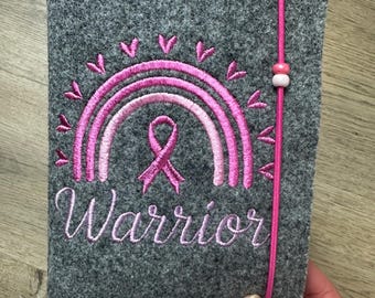 Cancer Warrior Felt Cover – Rainbow Oncology Passport Holder with Pink Ribbon Embroidery