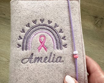 Cancer Warrior Felt Cover – Rainbow Oncology Passport Holder with Pink Ribbon Embroidery