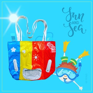 Upcycling Schwimmtasche aus recycelter Schwimmhilfe - nachhaltige große Strandtasche - Unikat in kunterbunten Farben