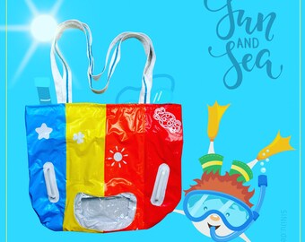 Upcycling swimming bag made from recycled swimming aids - sustainable large beach bag - unique in bright colors