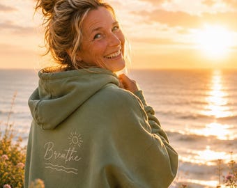 Breathe Hoodie for Women | Oversized Hoodie | Motivational Hoodie | Sun and Waves Back Print | Gift for Women