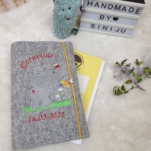 U-book cover with elephant | Wool felt personalized with name | Gift for birth or baby shower