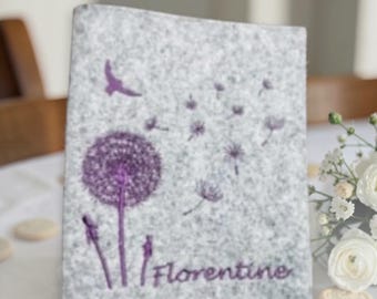 Personalized Prayer Book Cover – Wool Felt, Embroidered Dandelion & Name – Communion, Confirmation Gift