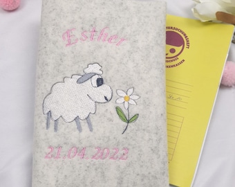 Personalized baby record book cover with name | Sheep motif | Wool felt baby record book cover | Baby shower gift | Embroidered with birth details