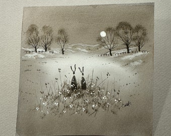 Original watercolour ‘ Hares by Moonlight ‘ Stephen  Allen