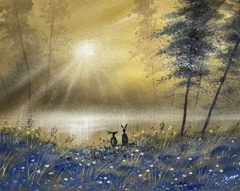 Limited Edition signed Giclee Print ‘ Bluebells and Hares   ‘  by Stephen Allen