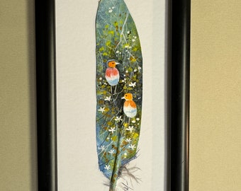 Chaffinches    painted feather. Handmade. Bird gift  Bird  lovers.