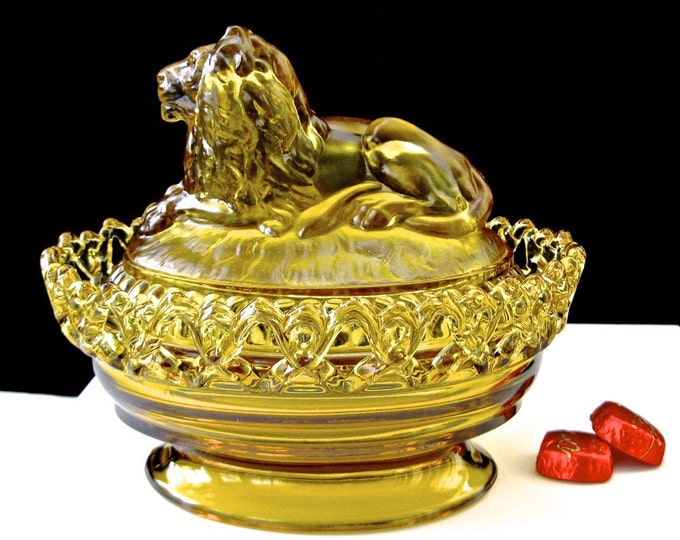 Vintage Amber Imperial Glass Nesting Lion Candy Dish Large Etsy