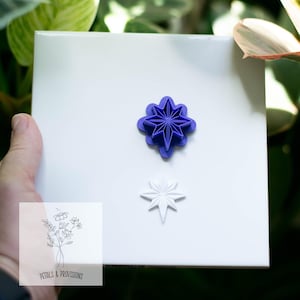 May include: A white ceramic tile with a purple star-shaped cookie cutter and a white star-shaped cookie. The tile is held by a hand. The logo "Petals & Provisions" is in the lower left corner.