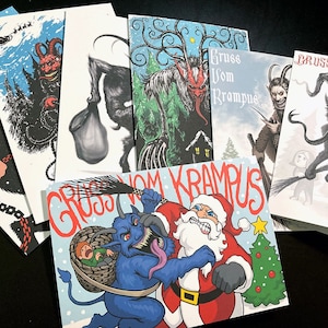 Paquete variado de tarjetas Krampus - SIETE tarjetas de Navidad ilustradas 5x7 + sobres