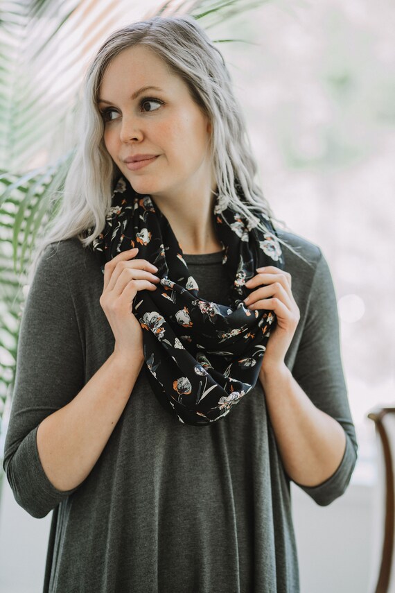 Black Floral Scarf //  Infinity Scarf // Made in Canada