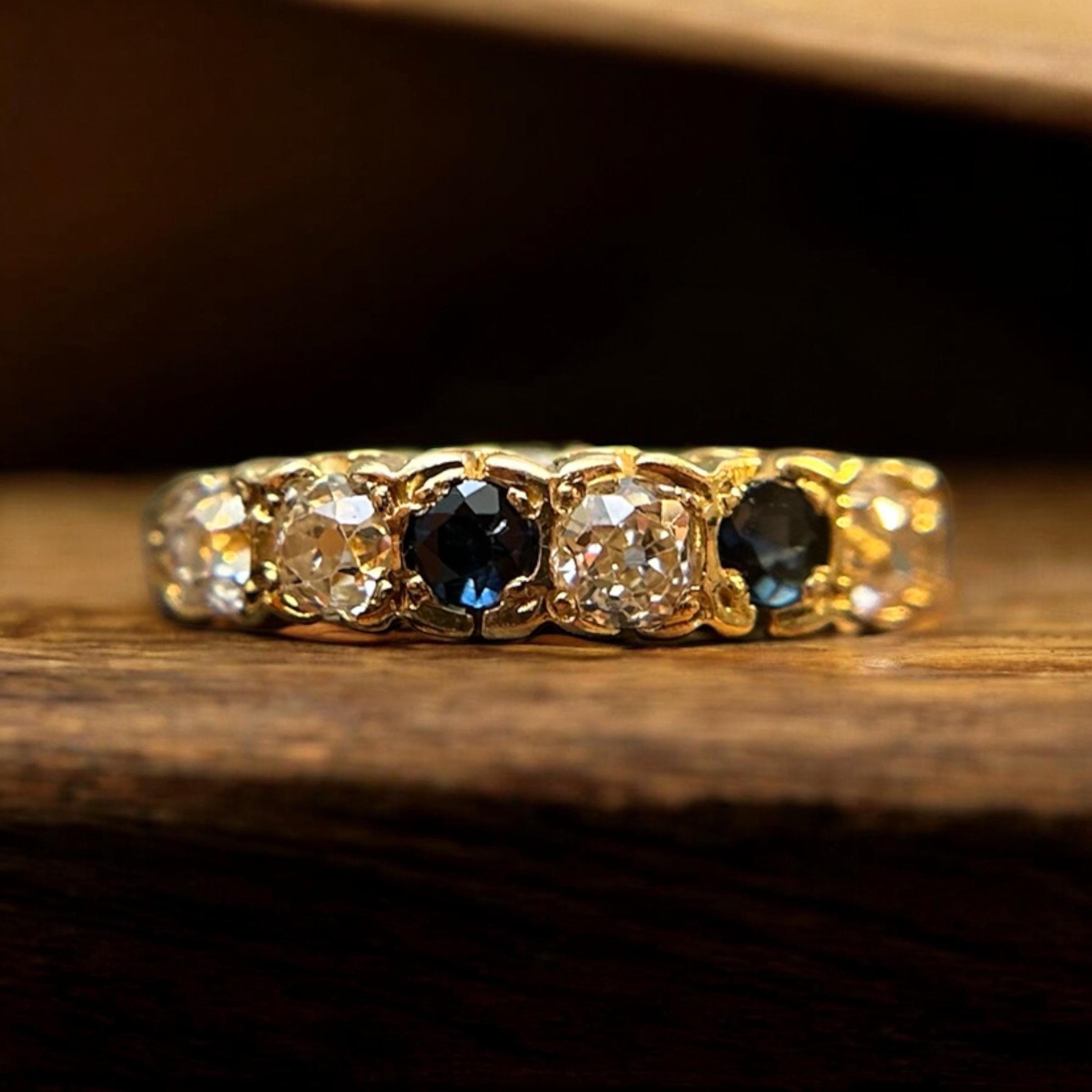 Old Mine Cut Diamond and Sapphire Five Stone Ring in 18k Yellow Gold