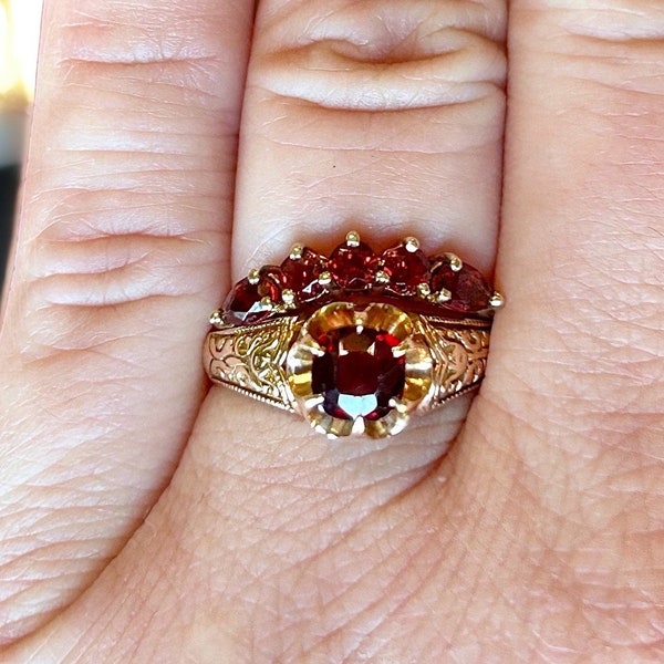 14k Antique Cushion Cut Garnet Ring with Engraved Shoulders