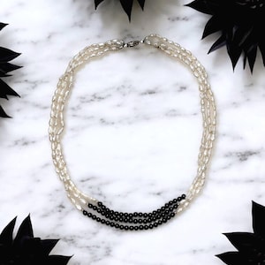 Vintage 14k Gold Japanese Rice Pearl and Onyx Triple Beaded Necklace