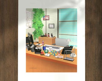 May include: A framed print depicting an office desk scene. The desk is cluttered with items like a computer, a globe, and a Newton's cradle. An American flag and a green plant are visible in the background. The print is on a white background.