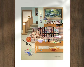 The Conners Living Room Art Print, 90s TV sitcom inspired Retro WallArt, Nostalgia Afghan blanket