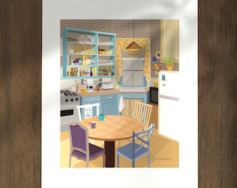 Könnte beinhalten: Illustration einer Küchenszene mit einem runden Holztisch, Stühlen und einem Kühlschrank. Die Küche hat blaue Schränke, ein Fenster und einen Herd. Das Kunstwerk befindet sich auf weißem Hintergrund.