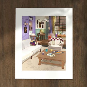May include: An illustration of a living room featuring white sofas, a wooden coffee table, and a purple door. The room is decorated with cushions, artwork, and a star-shaped light fixture. The overall theme is a cosy and inviting interior.