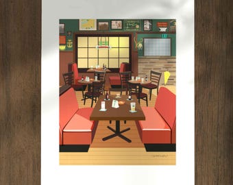 May include: An illustration of a restaurant interior with red booths, wooden tables, and chairs. The walls are green with various framed pictures. A large window is in the background, and the floor is light brown. The artwork captures a cozy dining atmosphere.
