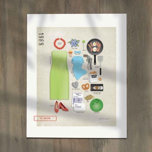 May include: A framed print featuring various illustrations, including a green dress, red shoes, a frying pan with "I Love You" text, and a bowling ball. The print has the text "1969" and "THE SIMPSONS".