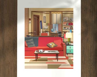May include: A framed art print depicting a stylized living room scene. The room features a red sofa, a small coffee table, and a patterned rug. The background includes a door, a desk, and a lamp, all rendered in a cartoonish style.