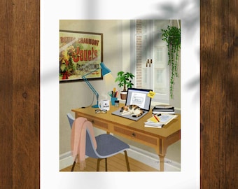 Cat Office Art Print, Vintage-Inspired Desk Decor, Retro Interior Illustration, Choose Your Cat