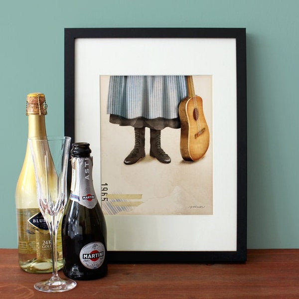 The Sound of Music Illustration, Guitar, Stripe Apron, Black Boots, Vintage Inspired Wall Art, Movie Poster, Art Print