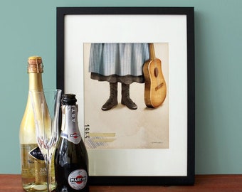 The Sound of Music Illustration, Guitar, Stripe Apron, Black Boots, Vintage Inspired Wall Art, Movie Poster, Art Print