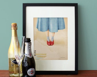 The Wizard of Oz Illustration, Red Shoes, Blue Gingham Check, Vintage Inspired Wall Art, There's No Place Like Home, Movie Poster, Art Print