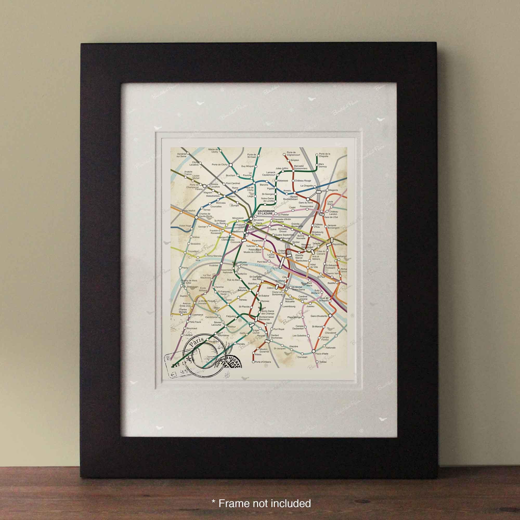 Paris Metro Map Art Print, Vintage Inspired France Transit Art ...