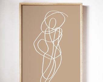 May include: A framed print with a minimalist line drawing of a person in white on a light brown background.