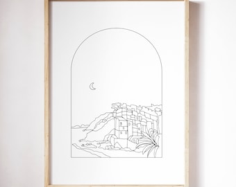 Italy Cinque Terre Print Italian Places Wall Art Modern Line Art Poster Abstract Landscape Italy Coast Print Minimalist Black White Decor