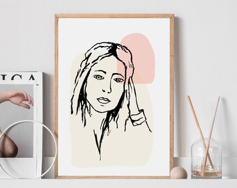 Thinking Woman Art Print Female Face Drawing Wall Art Long Hair Female Art Thinker Lady Sketch Art Poster Contemporary Abstract Portrait