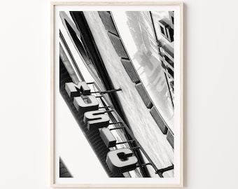 Music Vintage Neon Photographic Print Italy Florence Old Town Wall Art Black White Italian Streets Poster