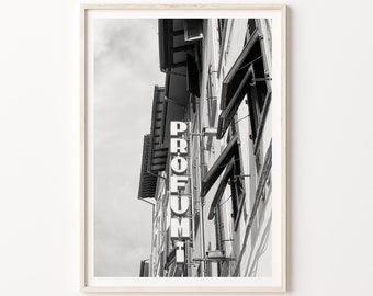 Italy Florence Streets Wall Print Vintage Profumi Neon Lights Wall Art Old Town Buildings Photographic Print Black White Retro Style Poster