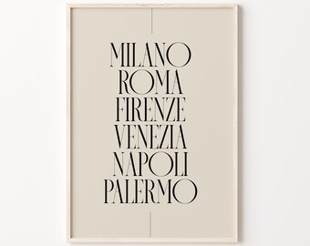 Milano Roma Firenze Art Print Italian Cities List Poster Venezia Napoli Palermo Wall Art Typographic Elegant Text Artwork Italy Art Print