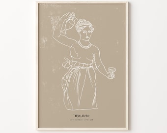 Peut inclure: Un dessin au trait de Hébé, la déesse grecque de la jeunesse, sur un fond beige. Le dessin montre Hébé tenant une cruche dans une main et une coupe dans l'autre. Le texte "Hébé, la déesse de la jeunesse" est sous le dessin.