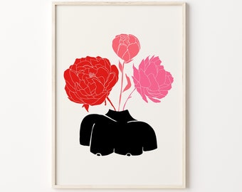 Woman Bust Vase Art Print Floreal Colorful Wall Art Peonies Line Art Drawing Pink Red Poster Art Feminine Sculpture Flower Vase Wall Decor